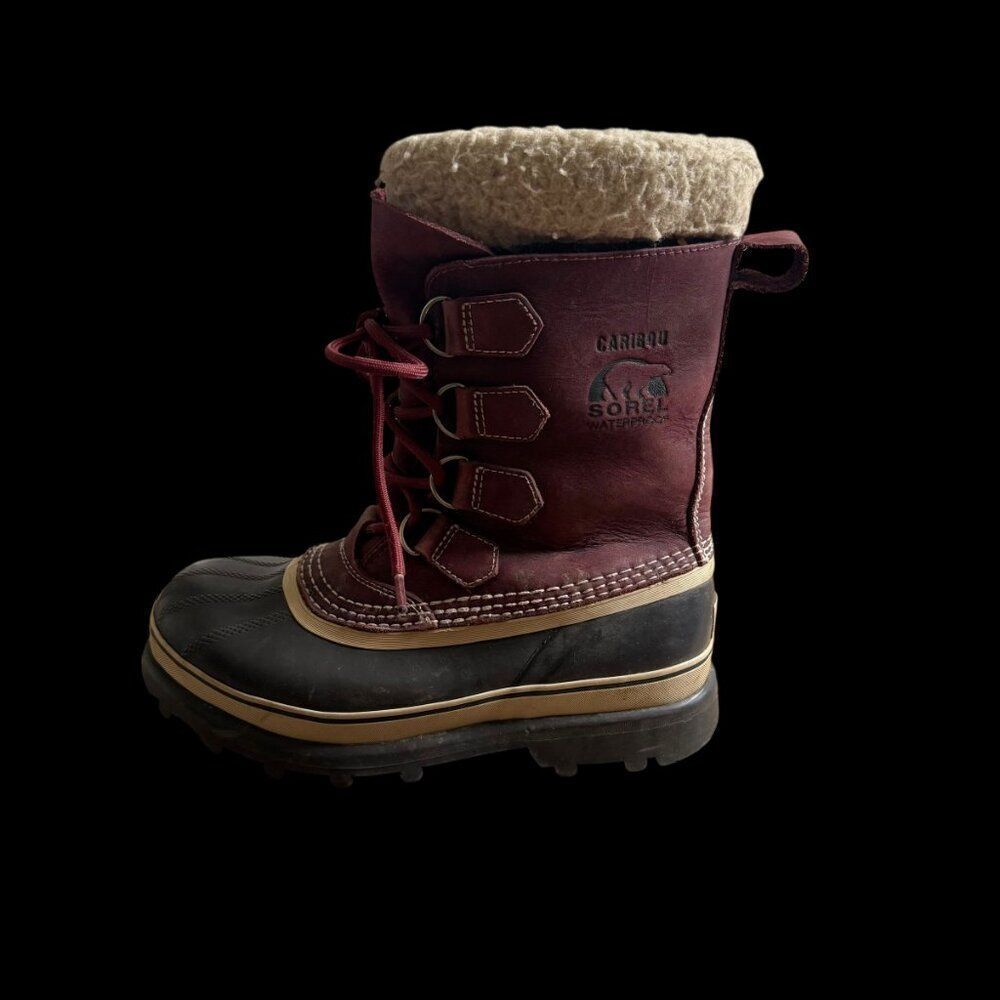 Sorel Caribou Boots Womens Size 8 Maroon Black Lined Winter Lace Up
